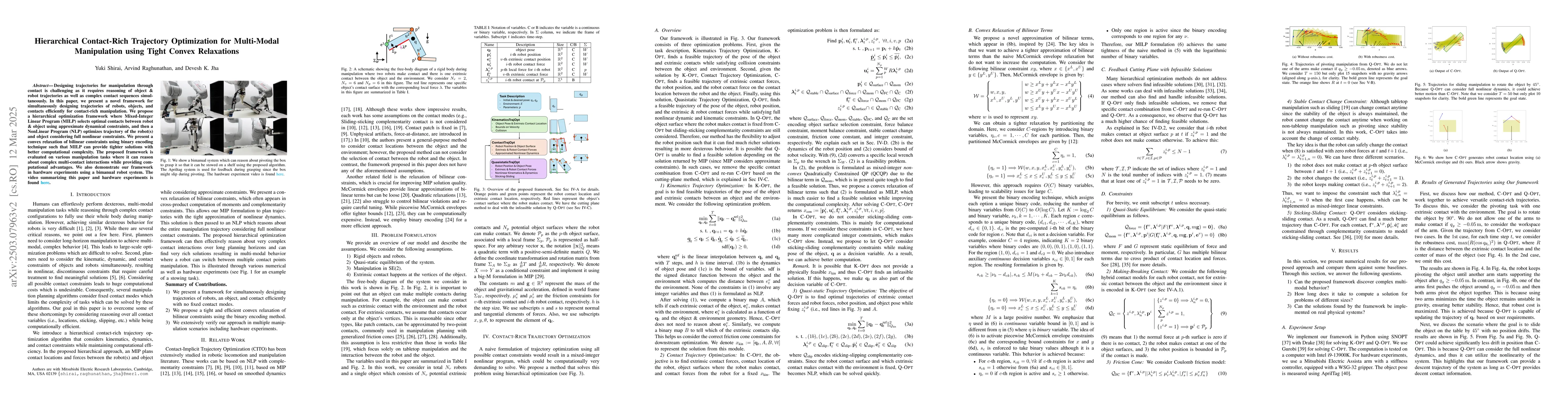 Thumbnail for Hierarchical Contact-Rich Trajectory Optimization for Multi-Modal
  Manipulation using Tight Convex Relaxations