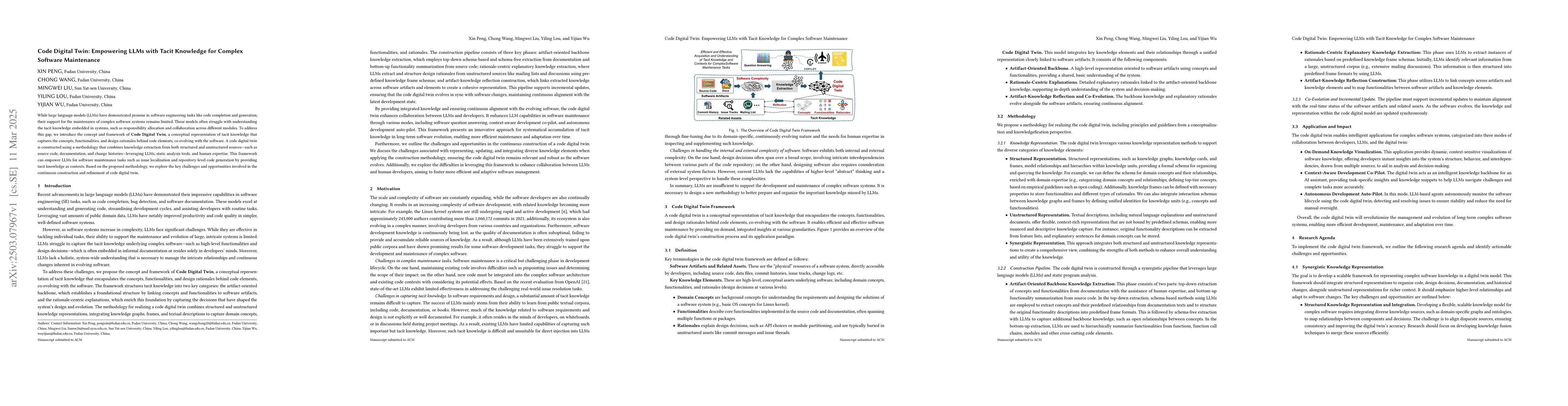 Thumbnail for Code Digital Twin: Empowering LLMs with Tacit Knowledge for Complex
  Software Maintenance