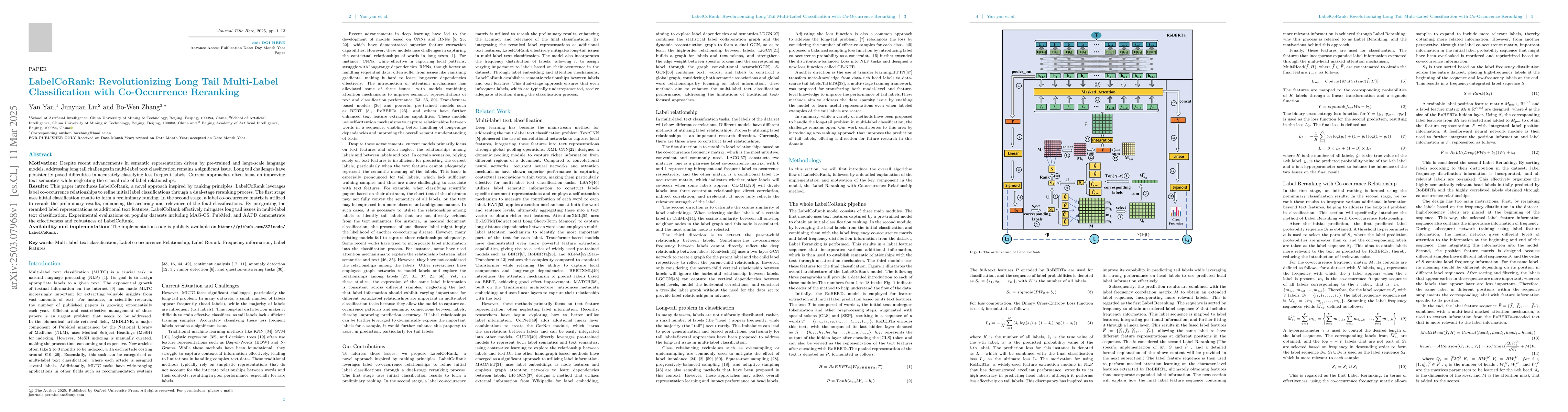 Thumbnail for LabelCoRank: Revolutionizing Long Tail Multi-Label Classification with
  Co-Occurrence Reranking