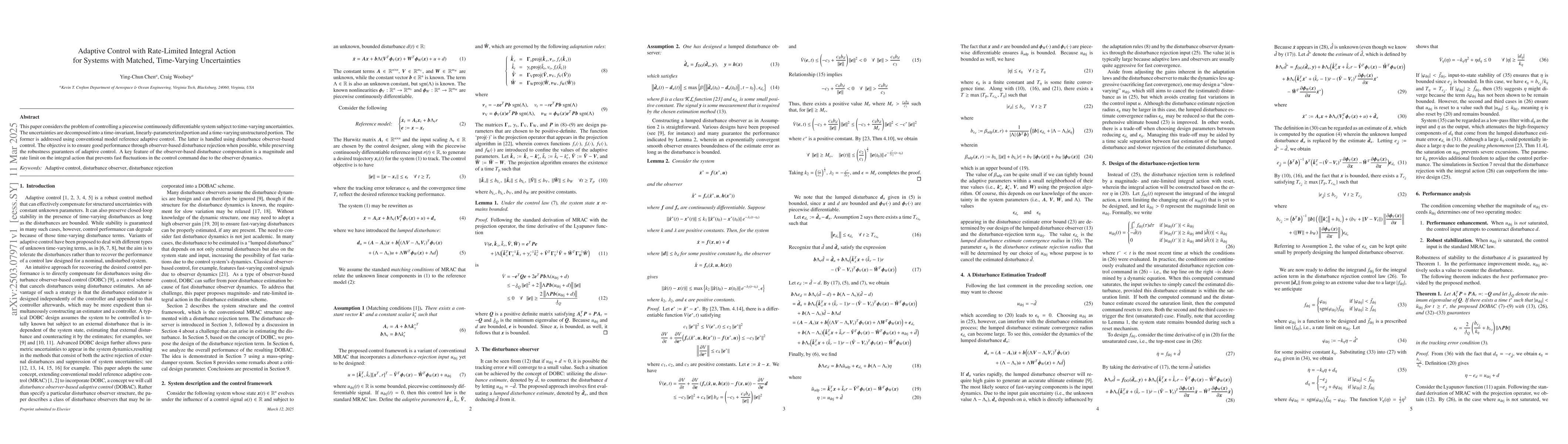 Thumbnail for Adaptive Control with Rate-Limited Integral Action for Systems with
  Matched, Time-Varying Uncertainties