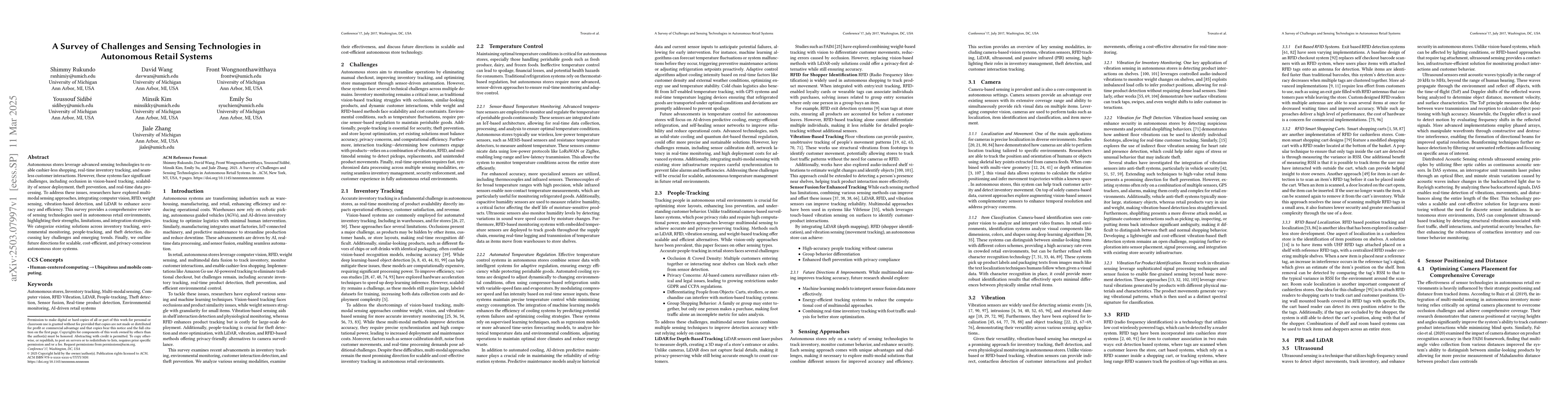 Thumbnail for A Survey of Challenges and Sensing Technologies in Autonomous Retail
  Systems