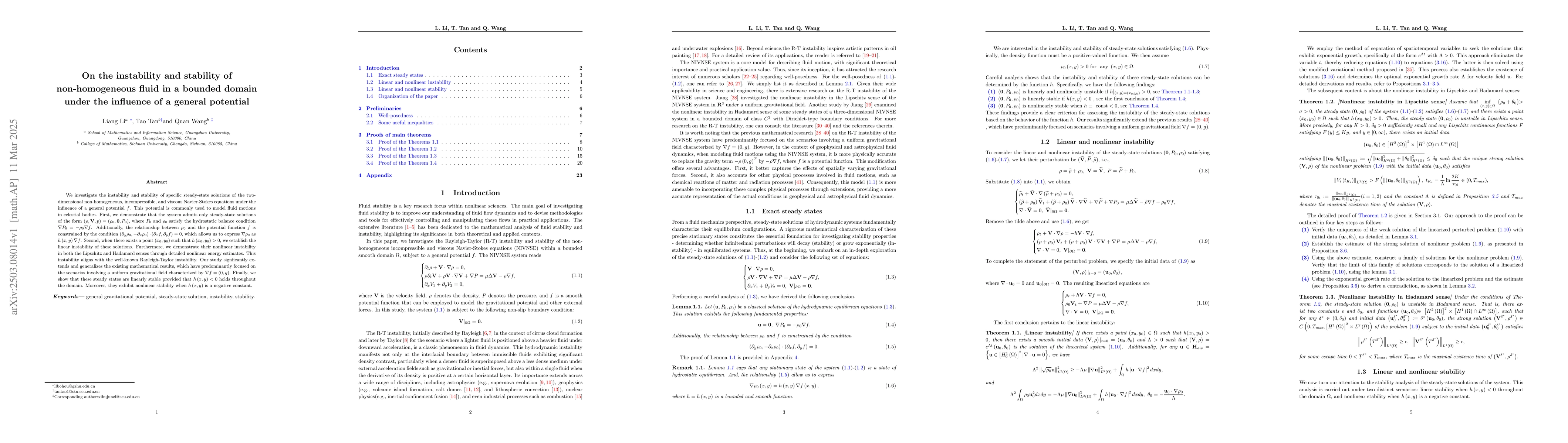 Thumbnail for On the Stability and Instability of Non-Homogeneous Fluid in a Bounded
  Domain Under the Influence of a General Potential