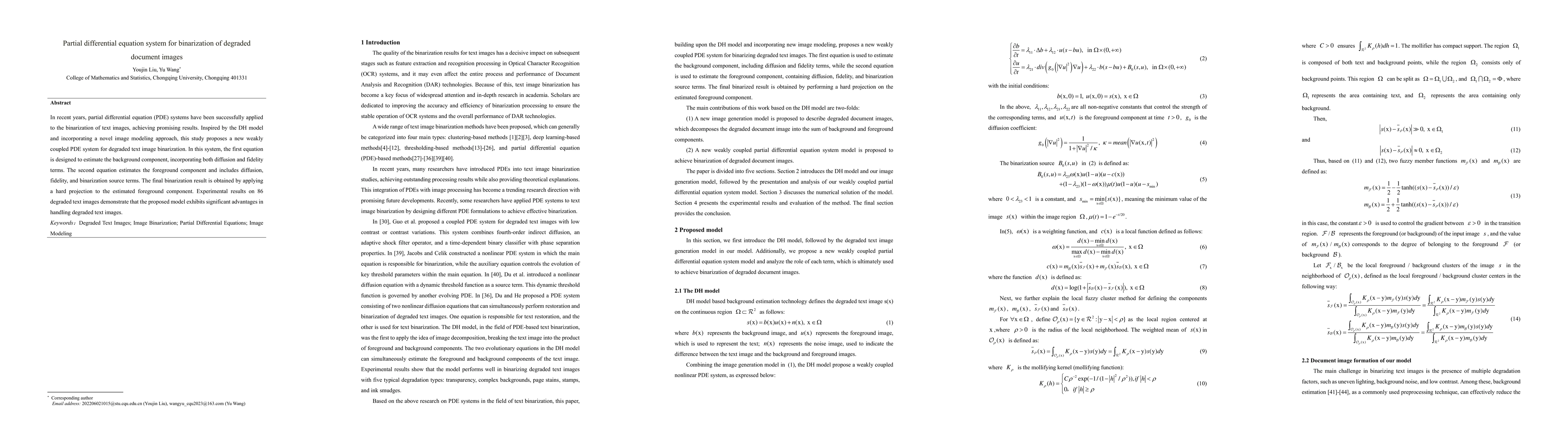 Thumbnail for Partial differential equation system for binarization of degraded
  document images