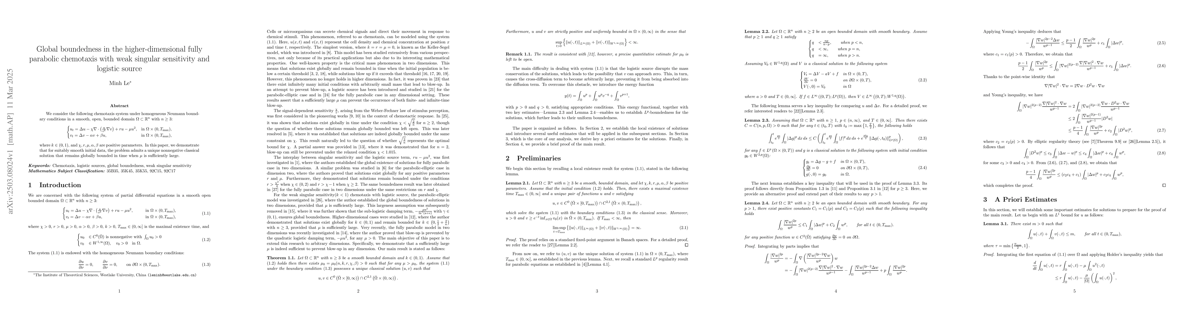 Thumbnail for Global boundedness in the higher-dimensional fully parabolic chemotaxis
  with weak singular sensitivity and logistic source
