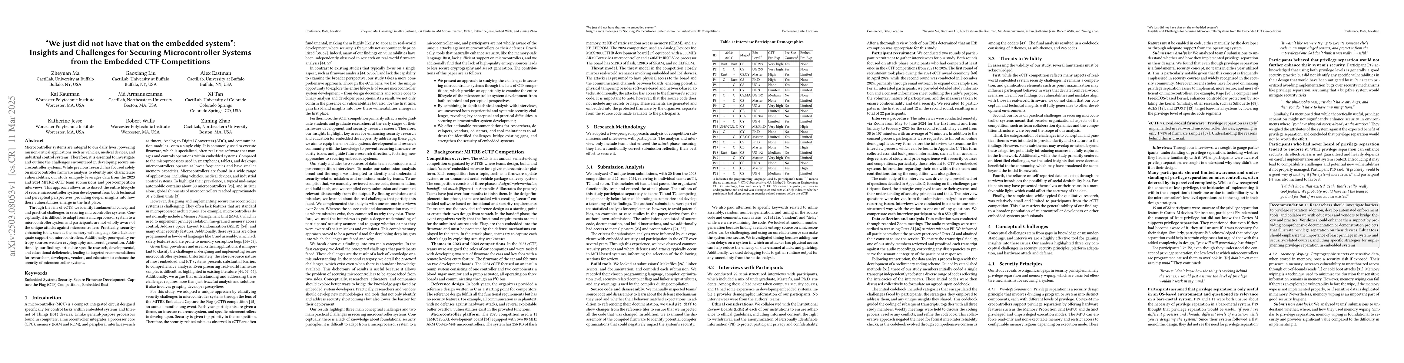 Thumbnail for "We just did not have that on the embedded system": Insights and
  Challenges for Securing Microcontroller Systems from the Embedded CTF
  Competitions