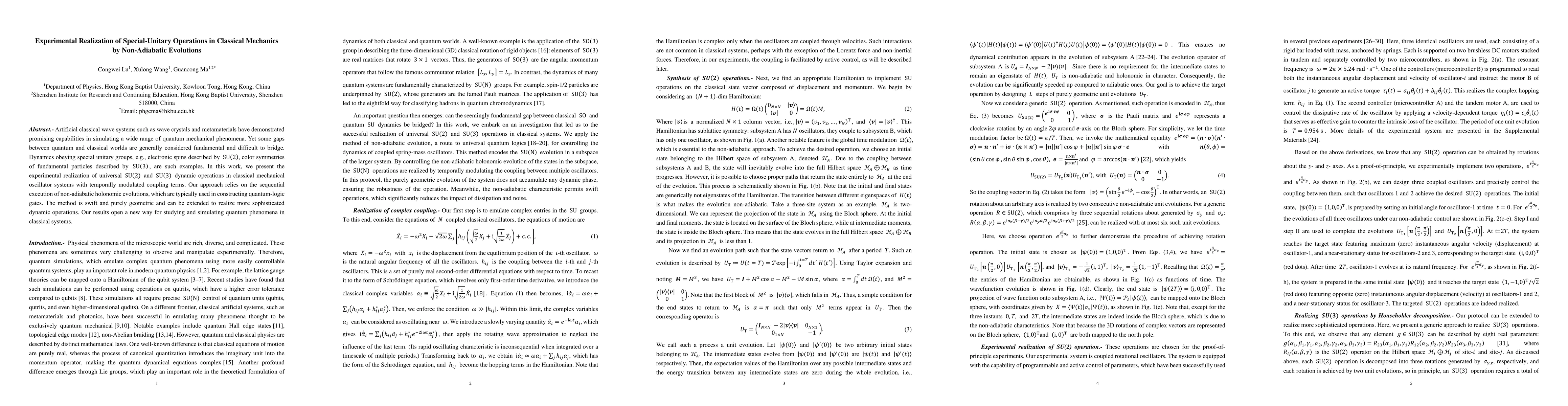 Thumbnail for Experimental Realization of Special-Unitary Operations in Classical
  Mechanics by Non-Adiabatic Evolutions