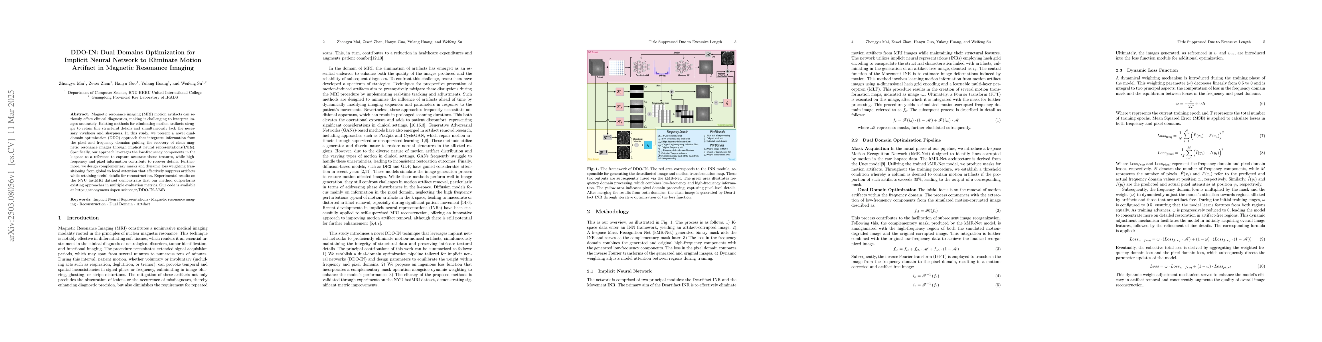 Thumbnail for DDO-IN: Dual Domains Optimization for Implicit Neural Network to
  Eliminate Motion Artifact in Magnetic Resonance Imaging