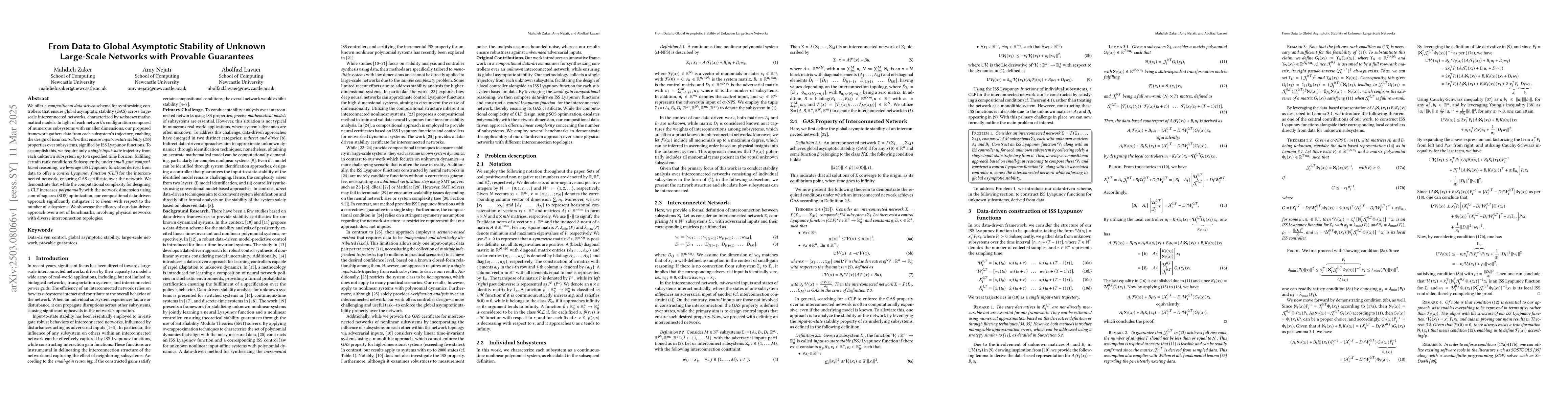 Thumbnail for From Data to Global Asymptotic Stability of Unknown Large-Scale Networks
  with Provable Guarantees
