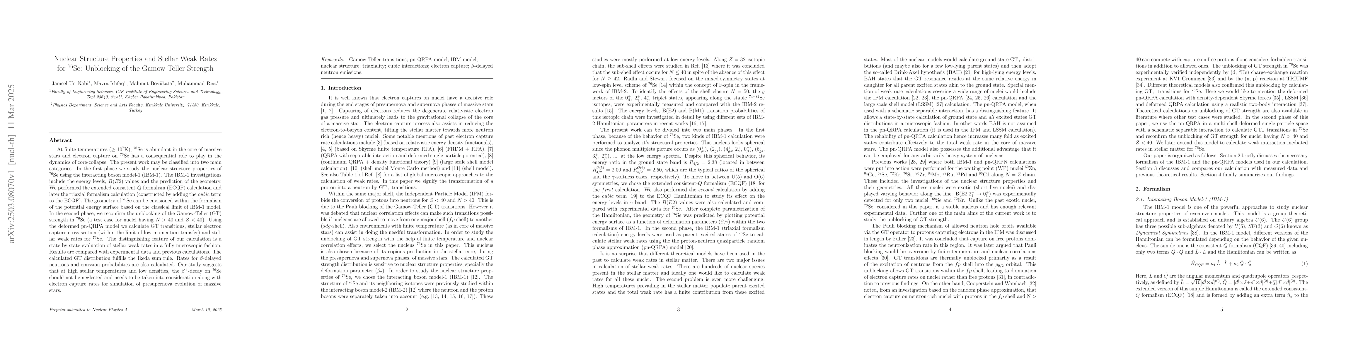Thumbnail for Nuclear Structure Properties and Stellar Weak Rates for 76Se: Unblocking
  of the Gamow Teller Strength
