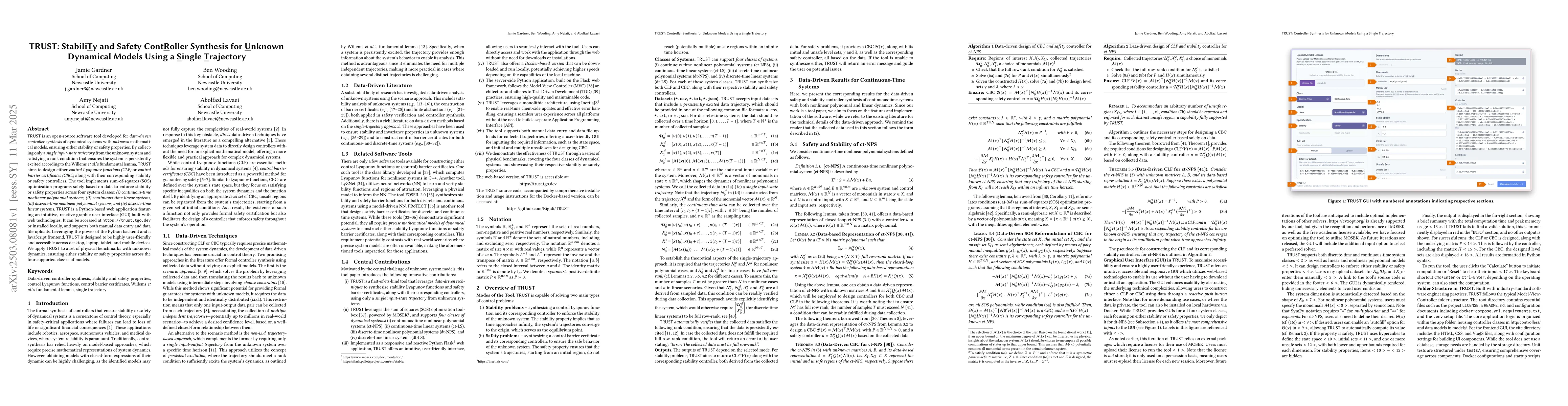 Thumbnail for TRUST: Stability and Safety Controller Synthesis for Unknown Dynamical
  Models Using a Single Trajectory