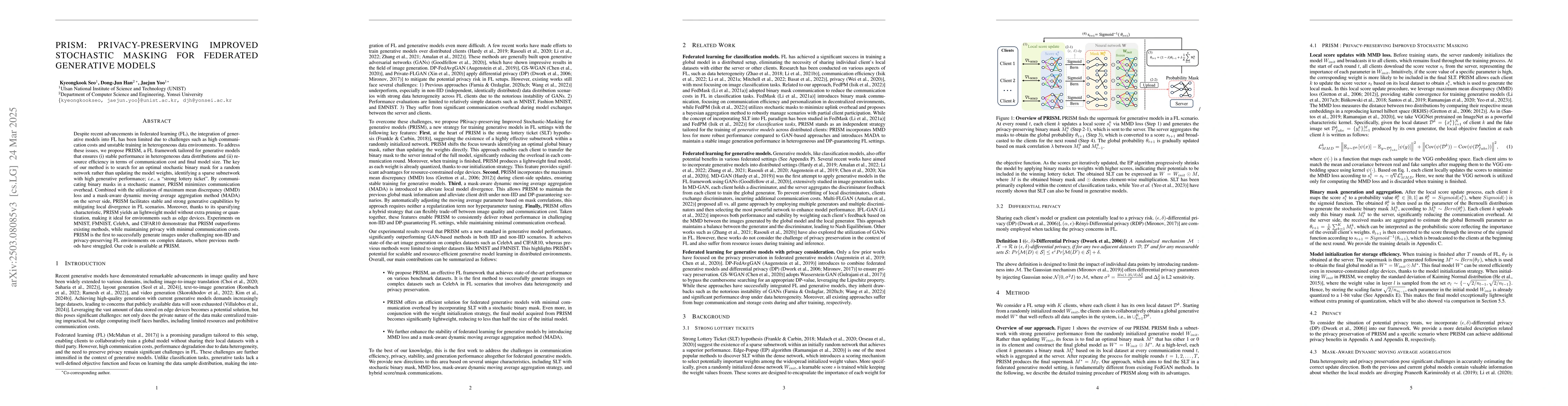 Thumbnail for PRISM: Privacy-Preserving Improved Stochastic Masking for Federated
  Generative Models