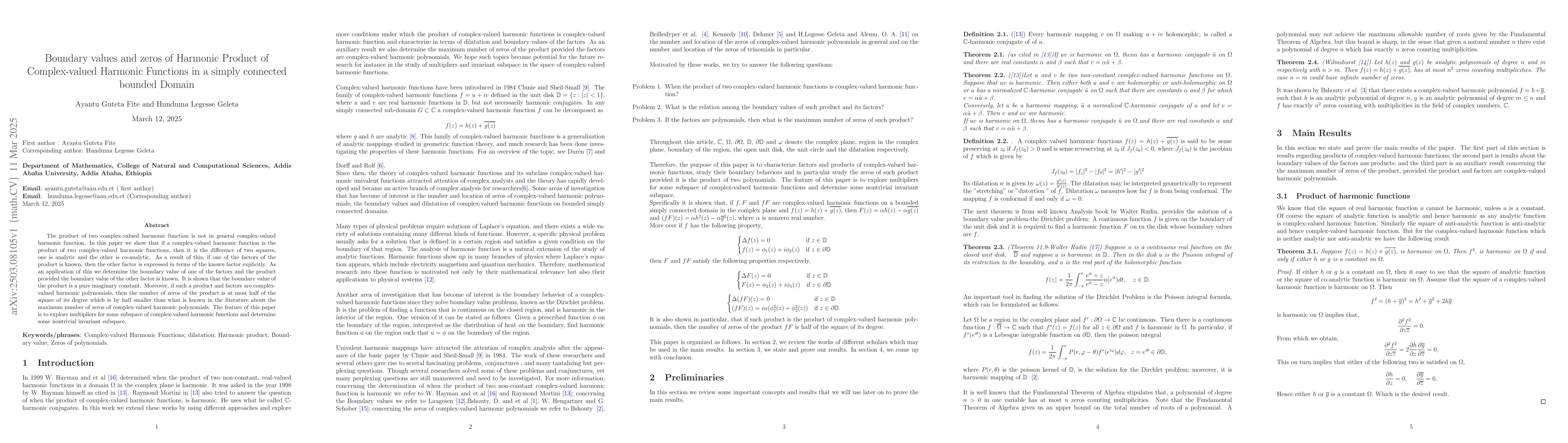 Thumbnail for Boundary values and zeros of Harmonic Product of Complex-valued Harmonic
  Functions in a simply connected bounded Domain