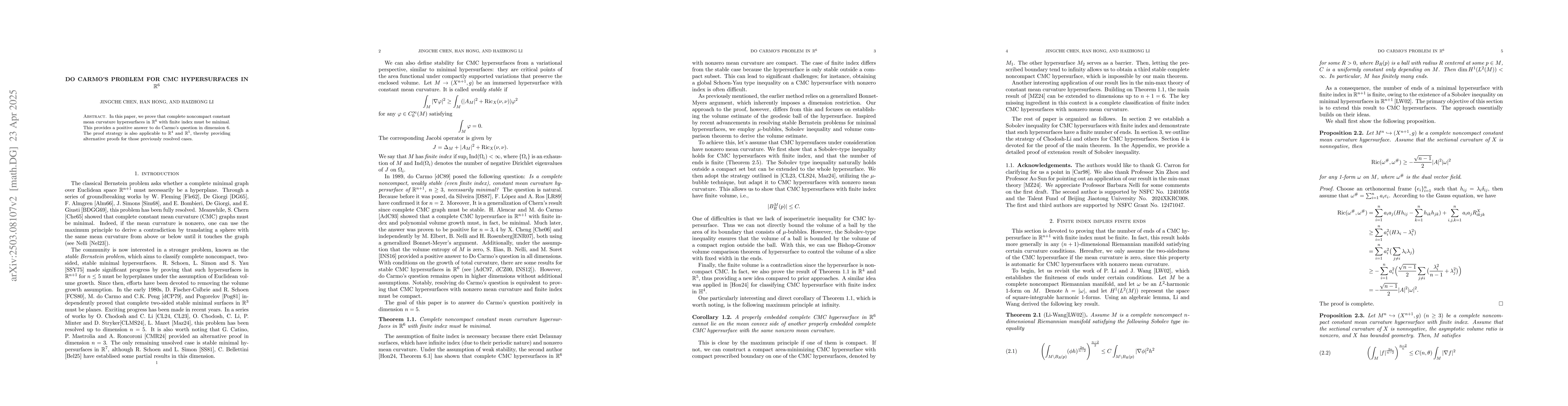 Thumbnail for Do Carmo's problem for CMC hypersurfaces in $\mathbb{R}^6$