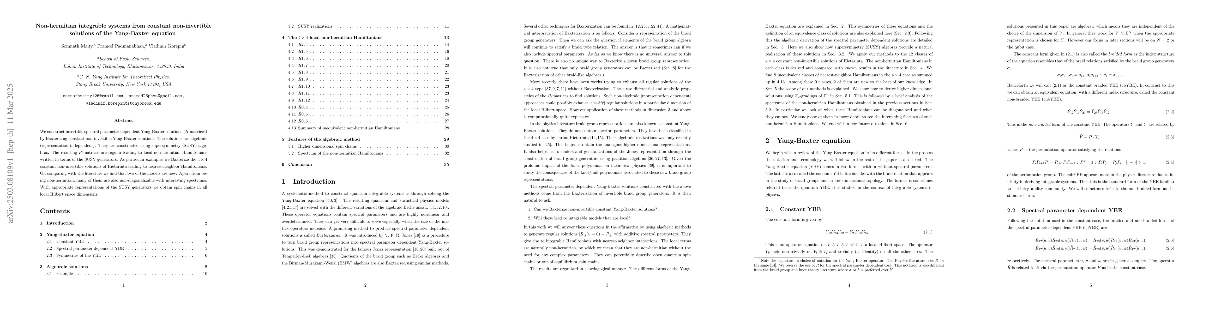 Thumbnail for Non-hermitian integrable systems from constant non-invertible solutions
  of the Yang-Baxter equation