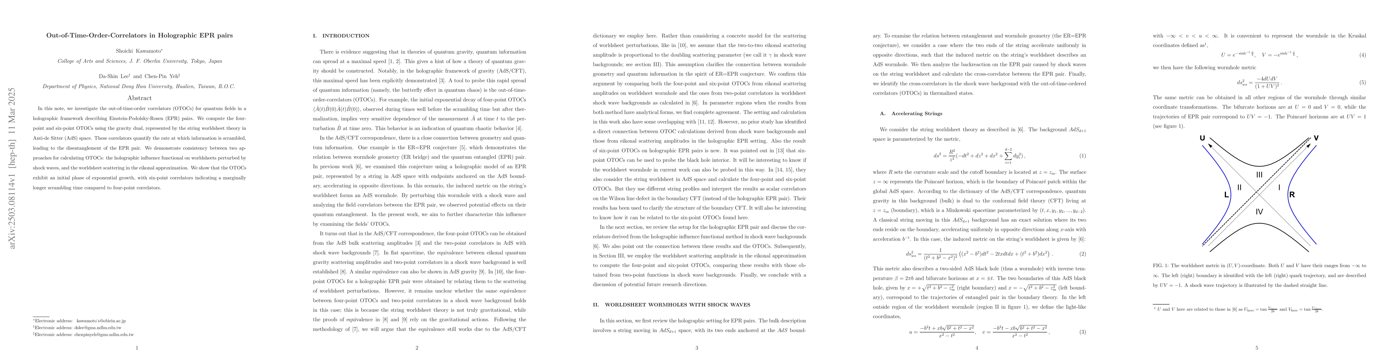 Thumbnail for Out-of-Time-Order-Correlators in Holographic EPR pairs