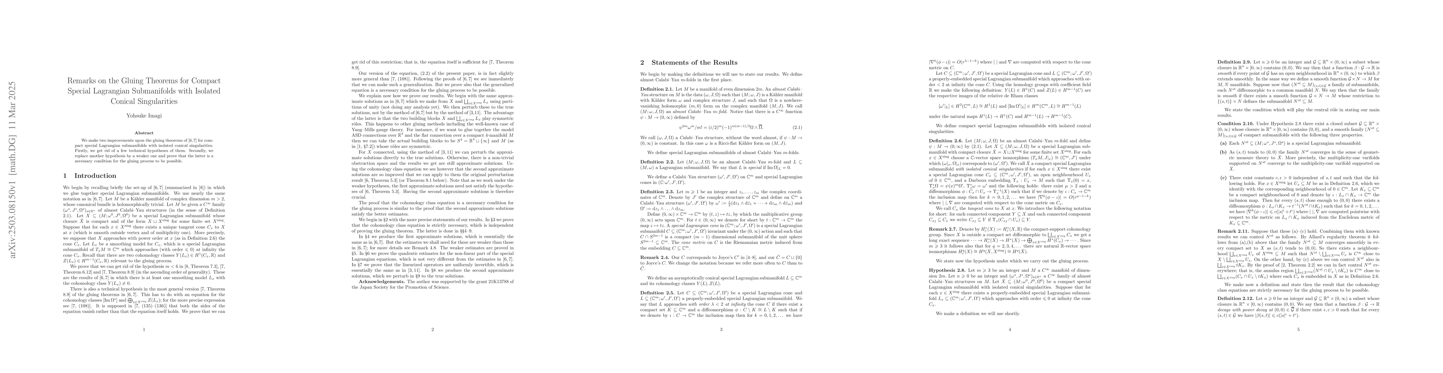 Thumbnail for Remarks on the Gluing Theorems for Compact Special Lagrangian
  Submanifolds with Isolated Conical Singularities