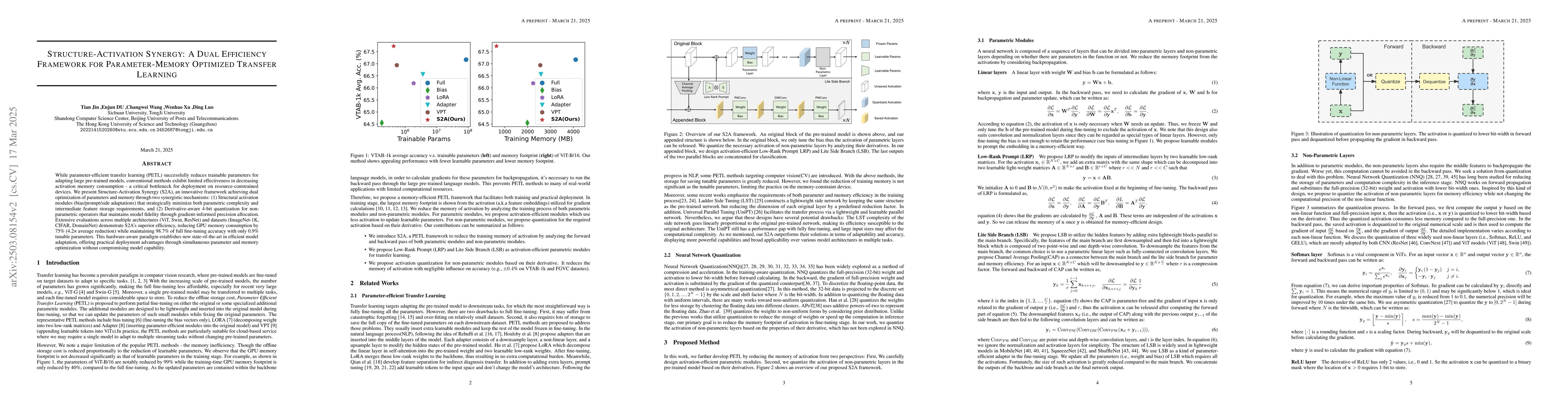 Thumbnail for Structure-Activation Synergy: A Dual Efficiency Framework for
  Parameter-Memory Optimized Transfer Learning
