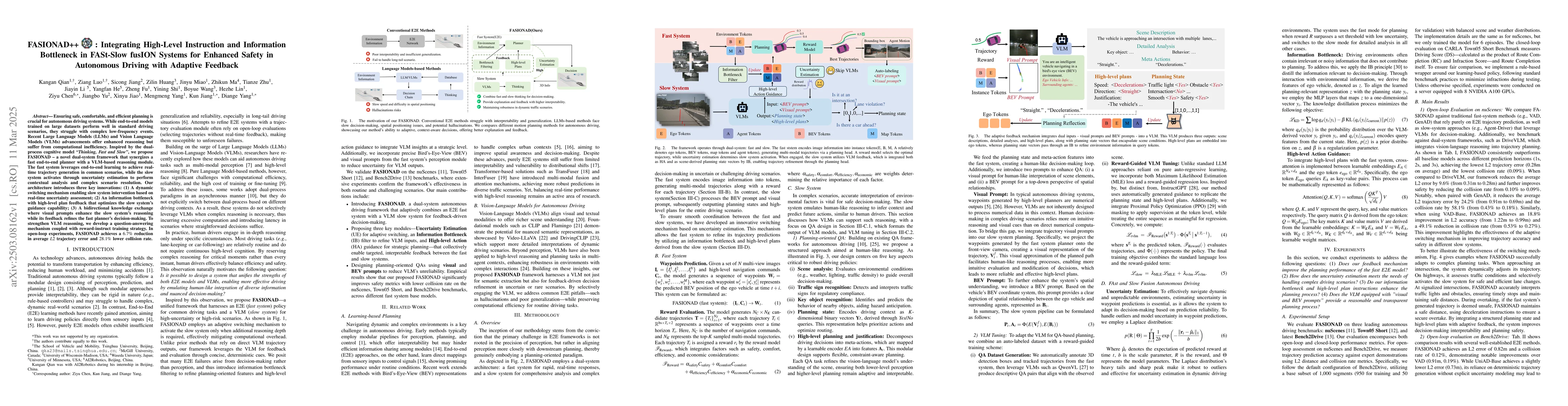 Thumbnail for FASIONAD++ : Integrating High-Level Instruction and Information
  Bottleneck in FAt-Slow fusION Systems for Enhanced Safety in Autonomous
  Driving with Adaptive Feedback