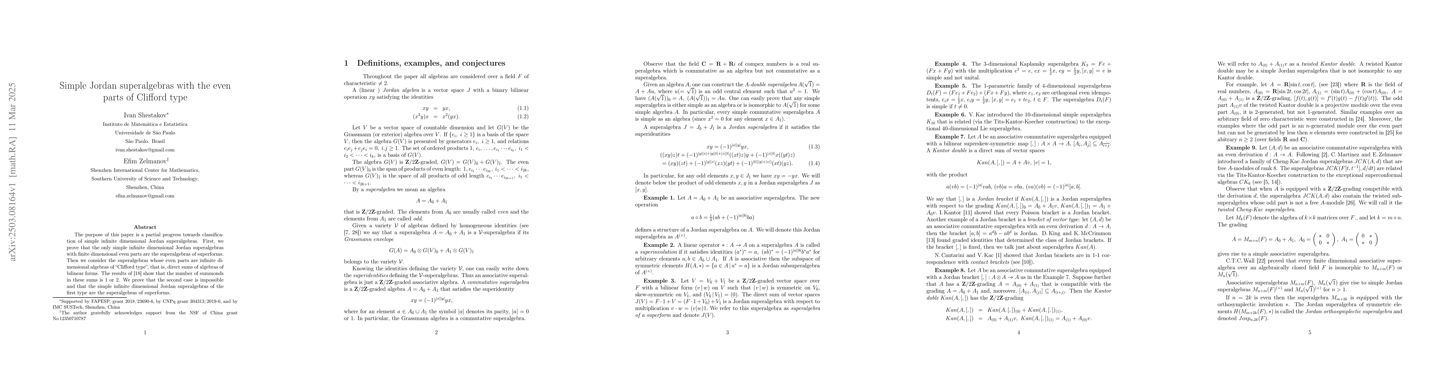 Thumbnail for Simple Jordan superalgebras with the even parts of Clifford type
