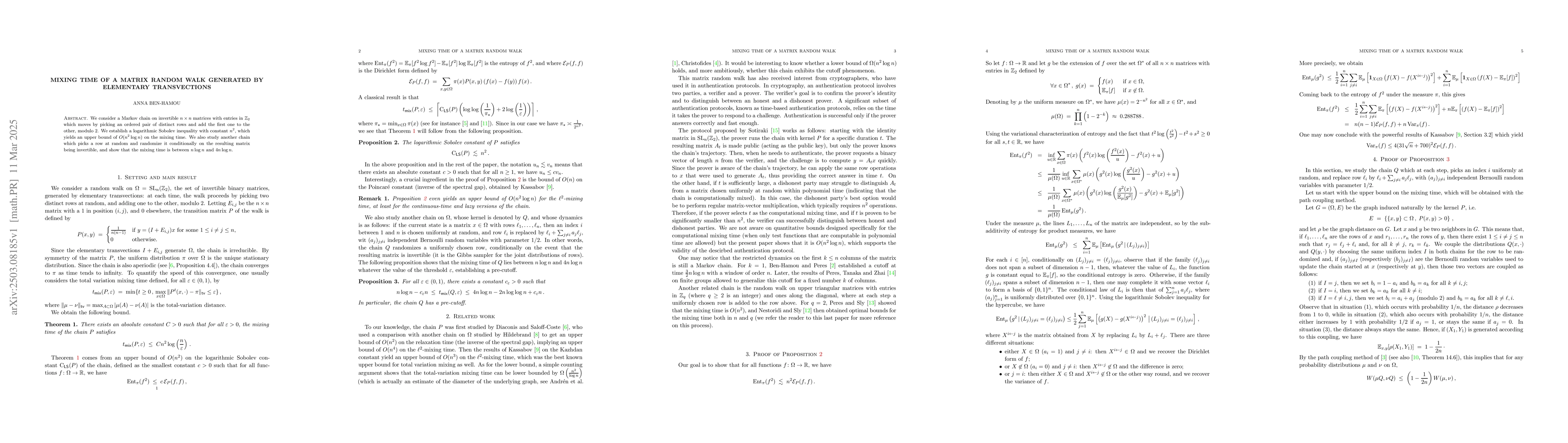 Thumbnail for Mixing time of a matrix random walk generated by elementary
  transvections