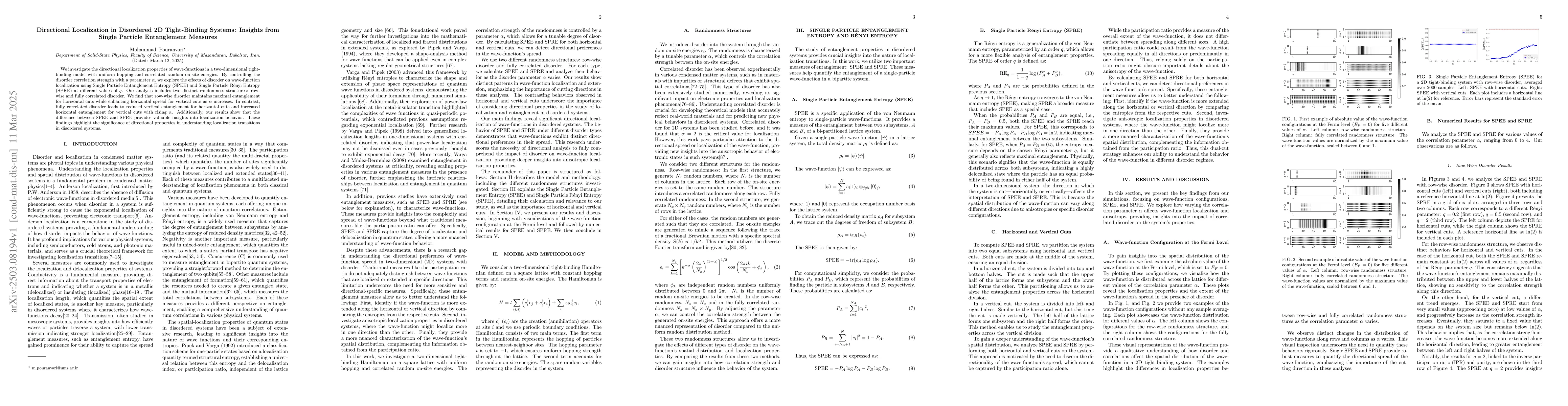 Thumbnail for Directional Localization in Disordered 2D Tight-Binding Systems:
  Insights from Single Particle Entanglement Measures