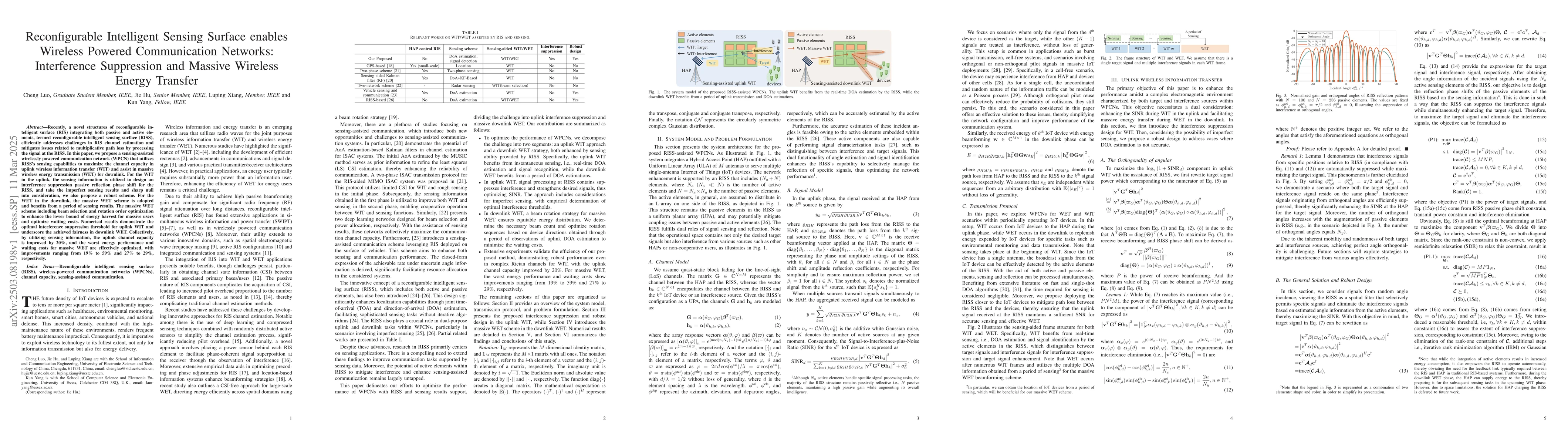 Thumbnail for Reconfigurable Intelligent Sensing Surface enables Wireless Powered
  Communication Networks: Interference Suppression and Massive Wireless Energy
  Transfer