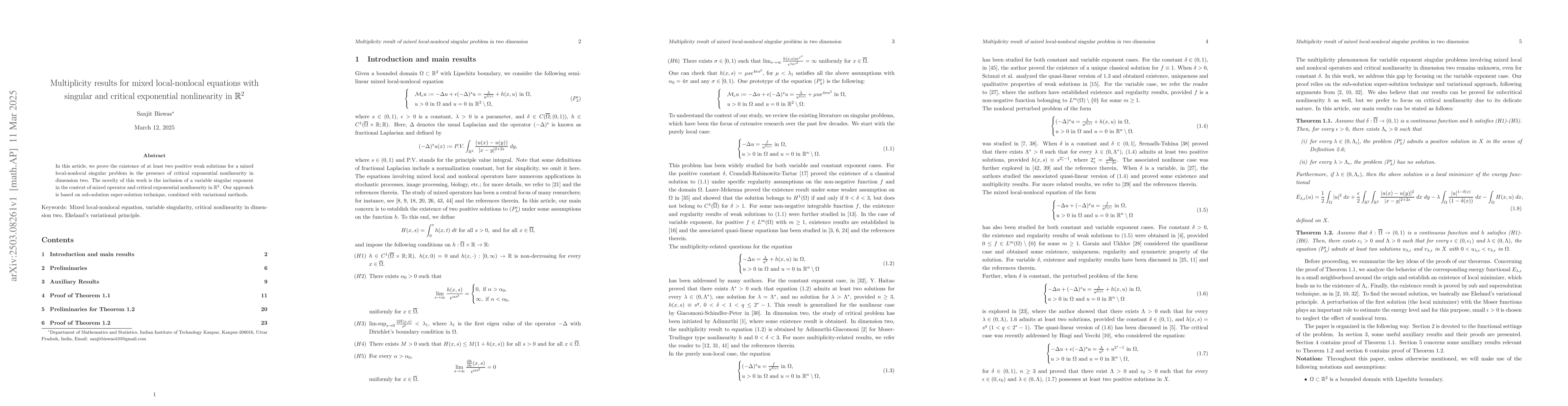 Thumbnail for Multiplicity results for mixed local-nonlocal equations with singular
  and critical exponential nonlinearity in R^2