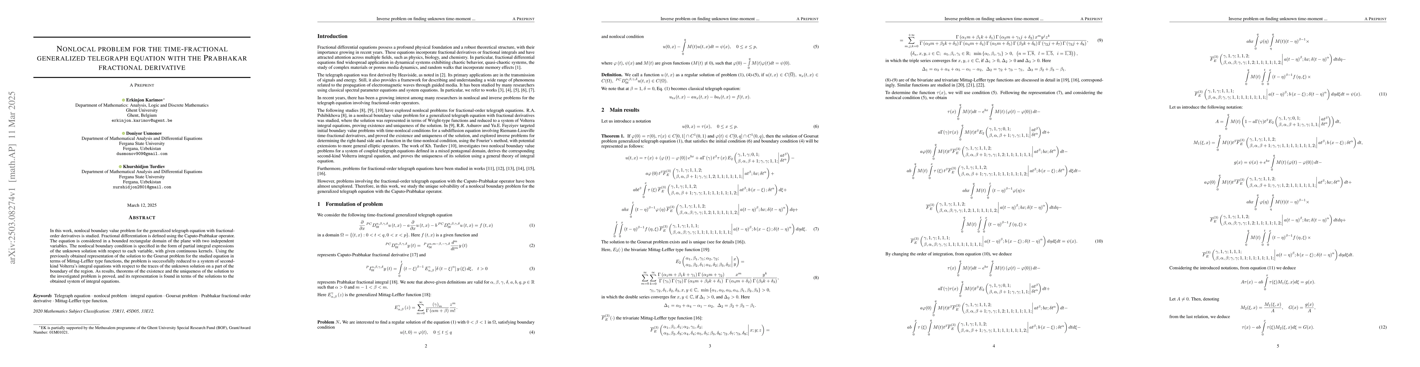 Thumbnail for Nonlocal problem for the time-fractional generalized telegraph equation
  with the Prabhakar fractional derivative