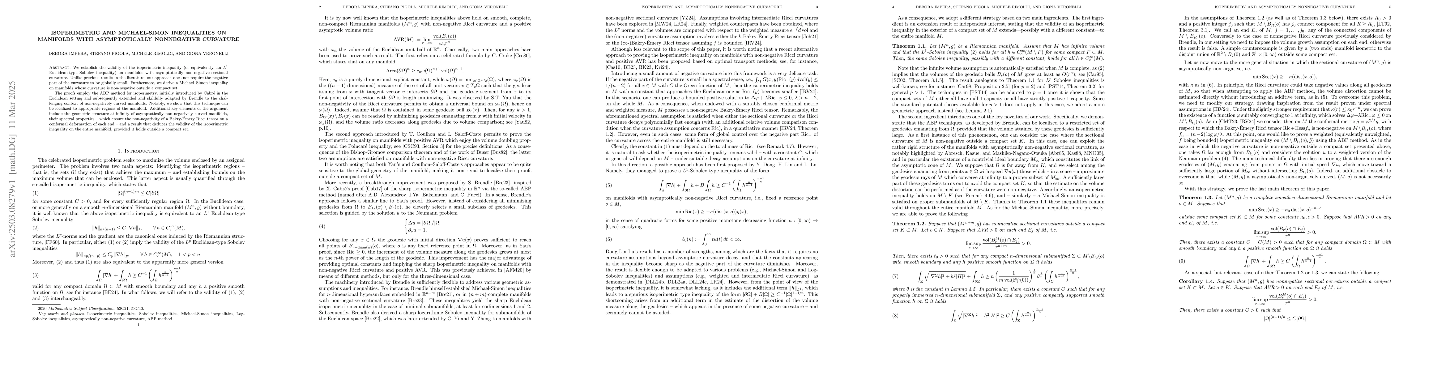 Thumbnail for Isoperimetric and Michael-Simon inequalities on manifolds with
  asymptotically nonnegative curvature