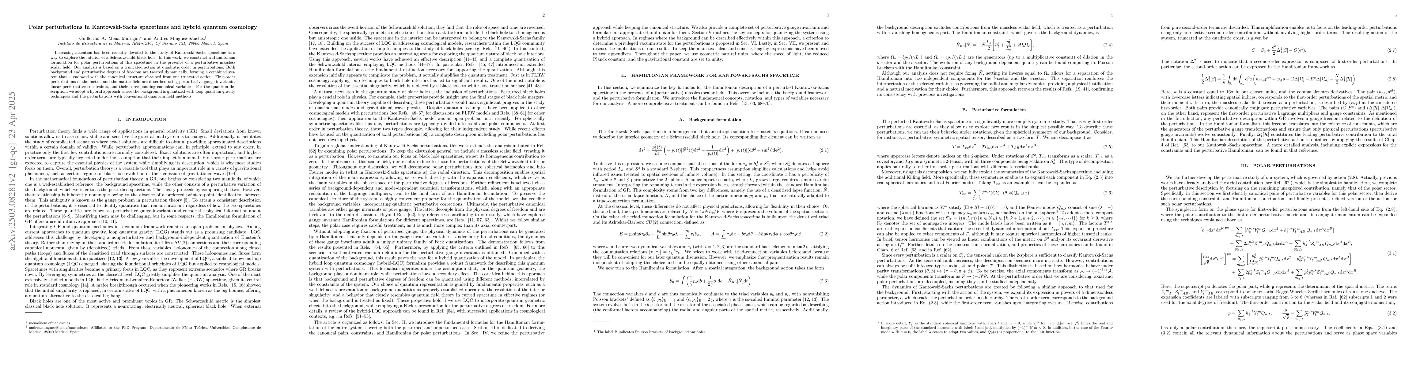 Thumbnail for Polar perturbations in Kantowski-Sachs spacetimes and hybrid quantum
  cosmology