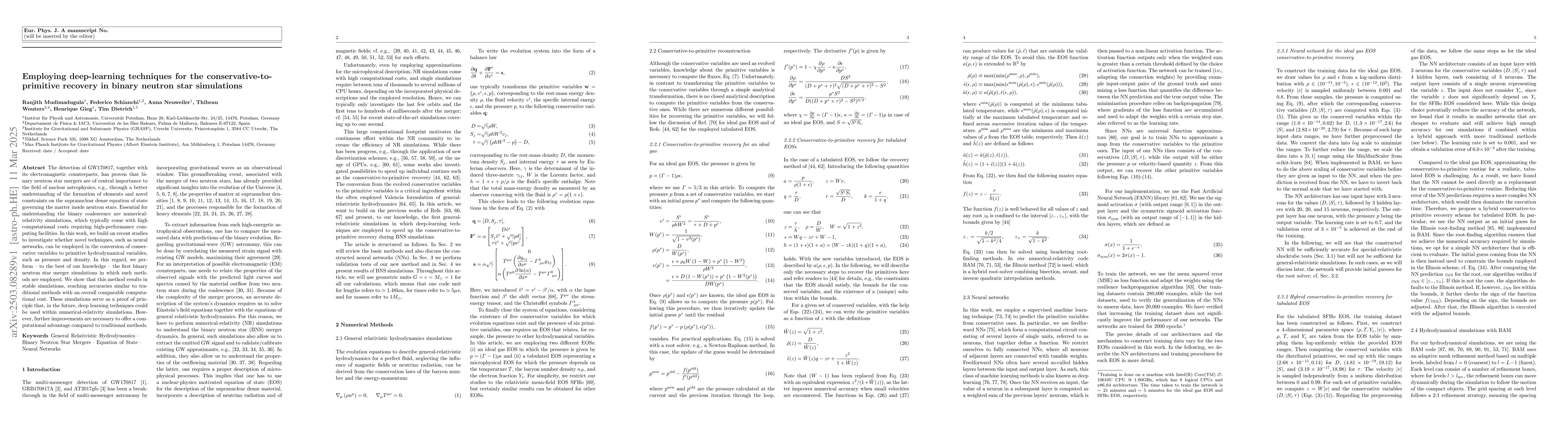 Thumbnail for Employing deep-learning techniques for the conservative-to-primitive
  recovery in binary neutron star simulations