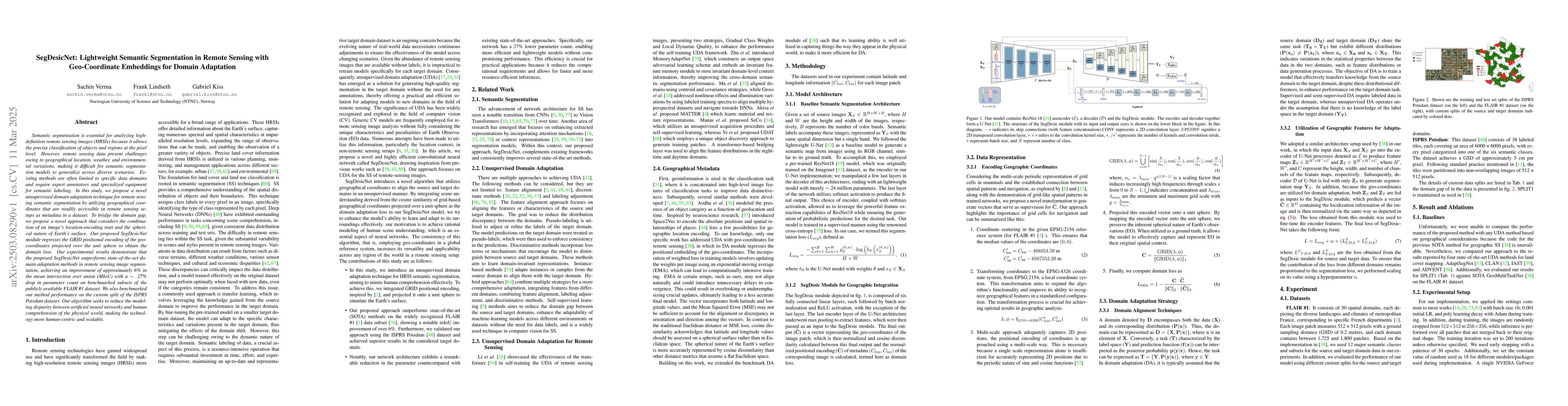 Thumbnail for SegDesicNet: Lightweight Semantic Segmentation in Remote Sensing with
  Geo-Coordinate Embeddings for Domain Adaptation