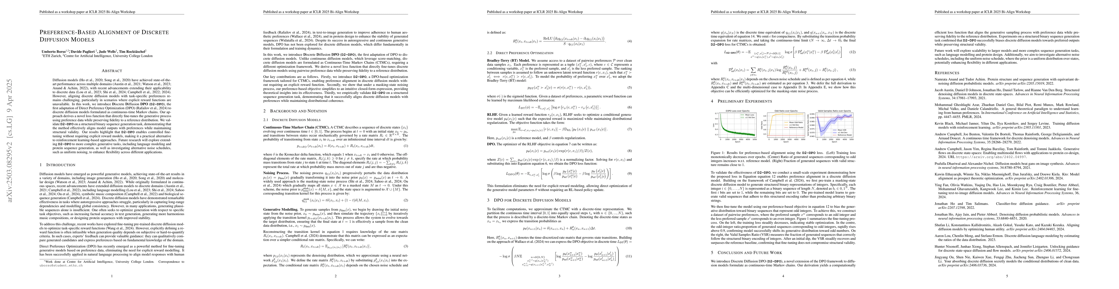 Thumbnail for D3PO: Preference-Based Alignment of Discrete Diffusion Models