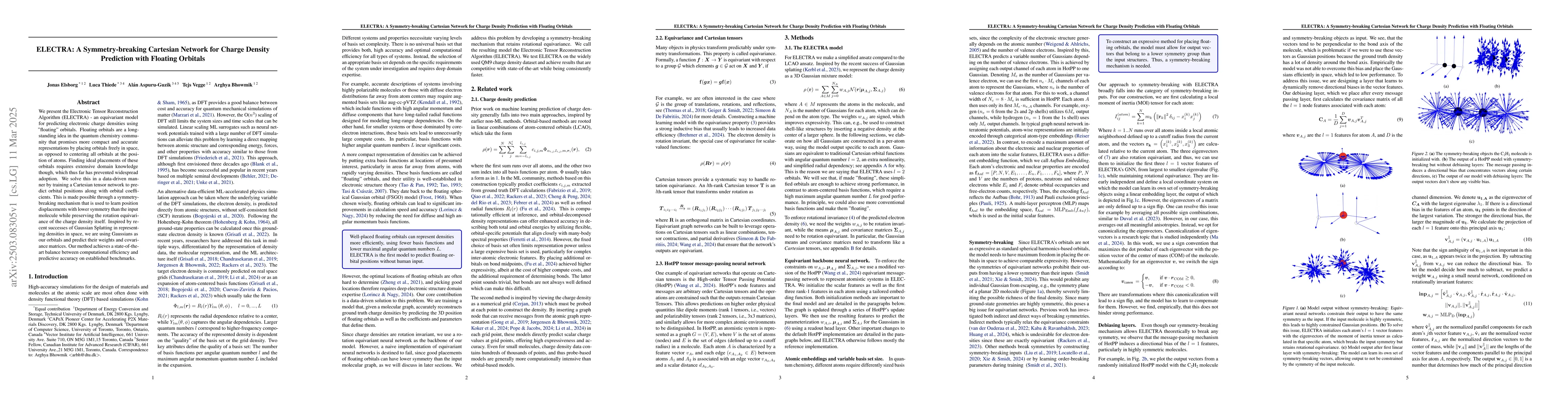 Thumbnail for ELECTRA: A Symmetry-breaking Cartesian Network for Charge Density
  Prediction with Floating Orbitals