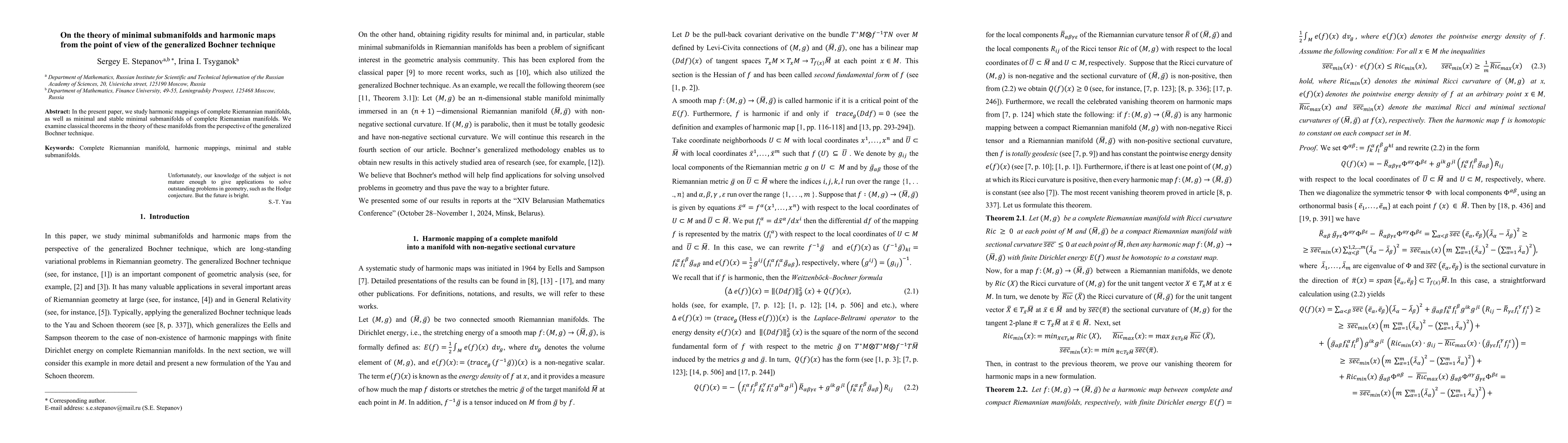 Thumbnail for On the theory of minimal submanifolds and harmonic maps from the point
  of view of the generalized Bochner technique