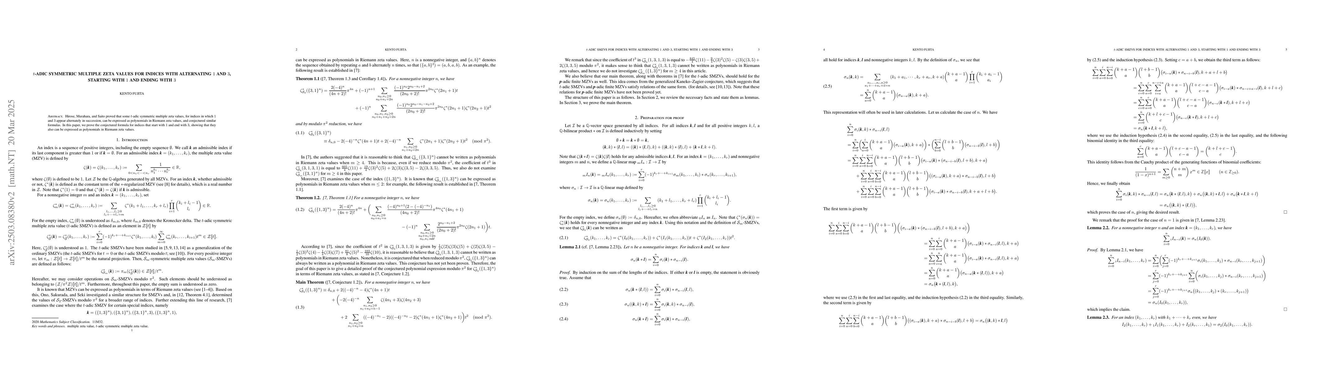Thumbnail for $t$-adic symmetric multiple zeta values for indices with alternating $1$
  and $3$, starting with $1$ and ending with $3$