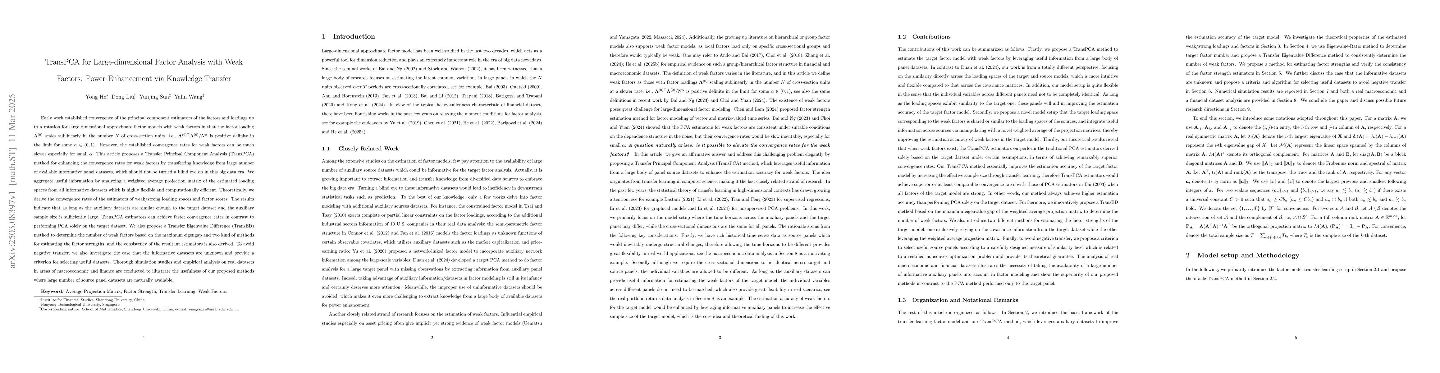 Thumbnail for TransPCA for Large-dimensional Factor Analysis with Weak Factors: Power
  Enhancement via Knowledge Transfer