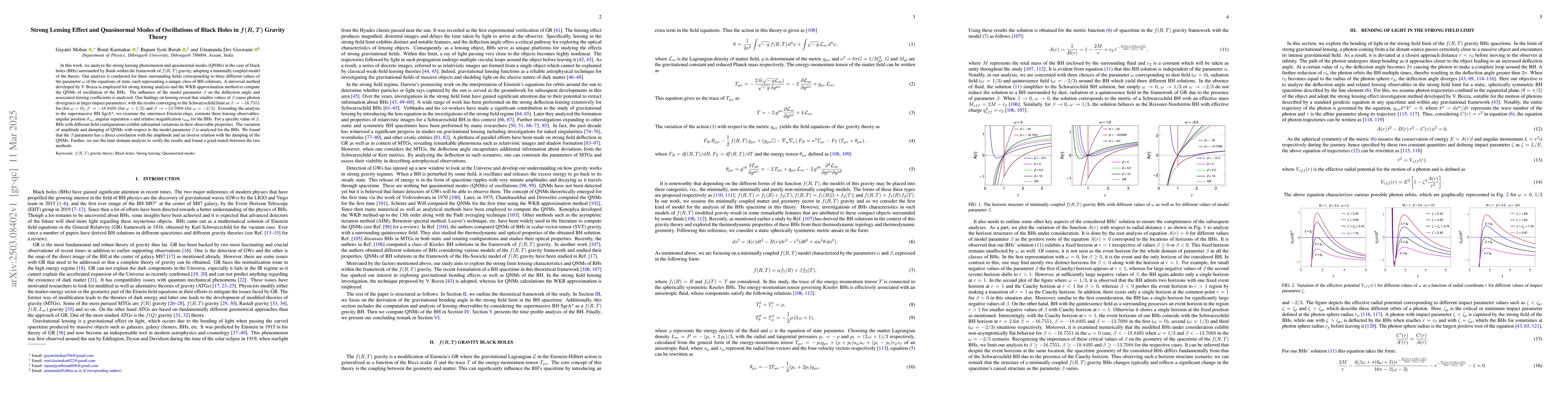 Thumbnail for Strong Lensing Effect and Quasinormal Modes of Oscillations of Black
  Holes in $\boldsymbol{f(R,T)}$ Gravity Theory