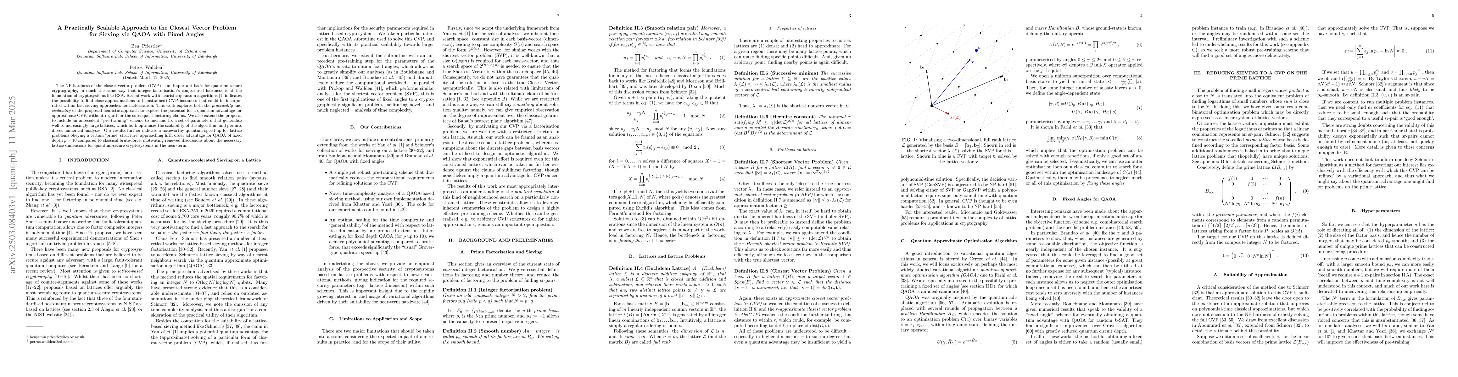 Thumbnail for A Practically Scalable Approach to the Closest Vector Problem for
  Sieving via QAOA with Fixed Angles