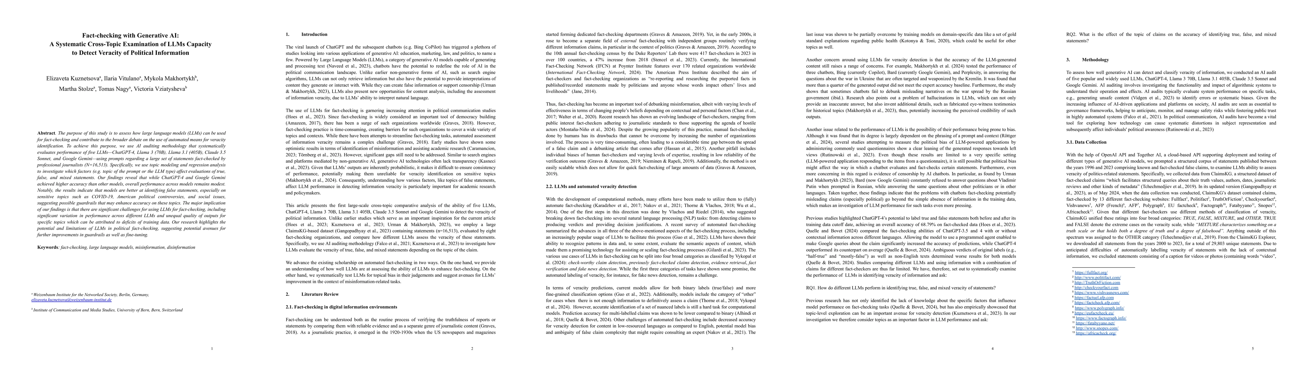Thumbnail for Fact-checking with Generative AI: A Systematic Cross-Topic Examination
  of LLMs Capacity to Detect Veracity of Political Information
