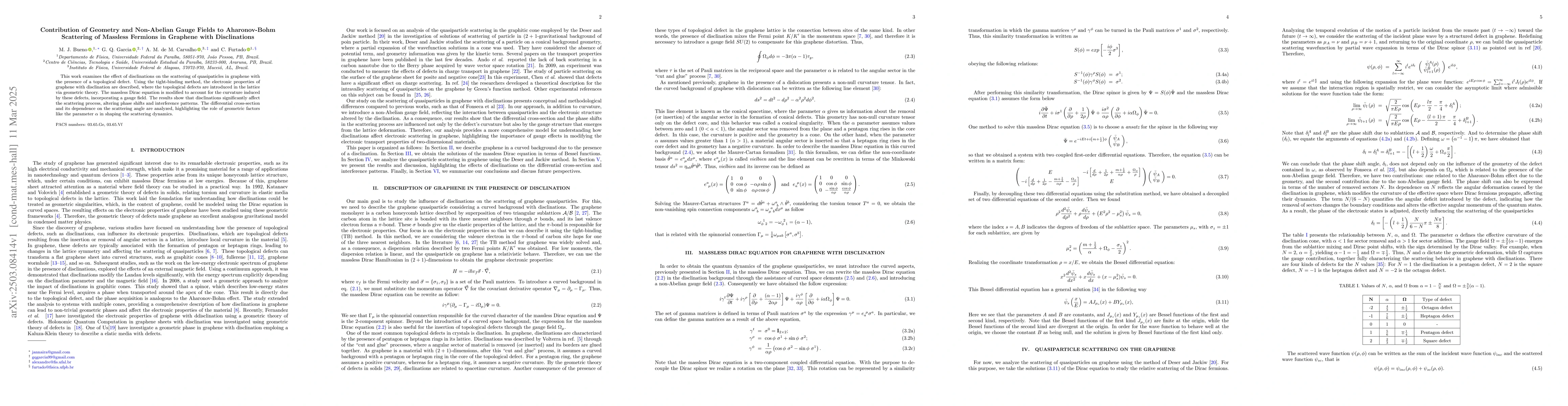 Thumbnail for Contribution of Geometry and Non-Abelian Gauge Fields to Aharonov-Bohm
  Scattering of Massless Fermions in Graphene with Disclinations