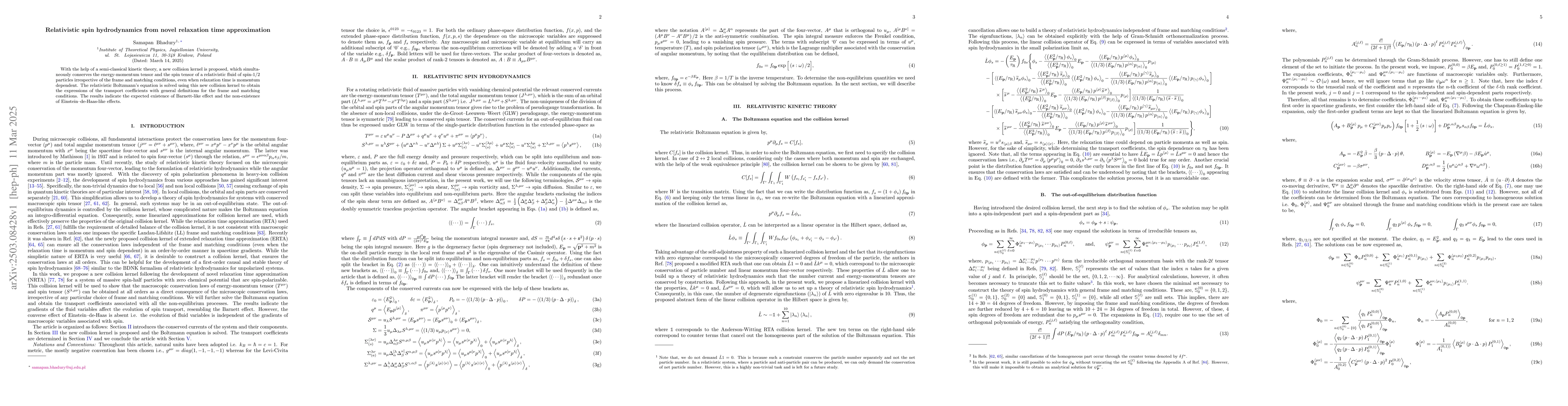 Thumbnail for Relativistic spin hydrodynamics from novel relaxation time approximation
