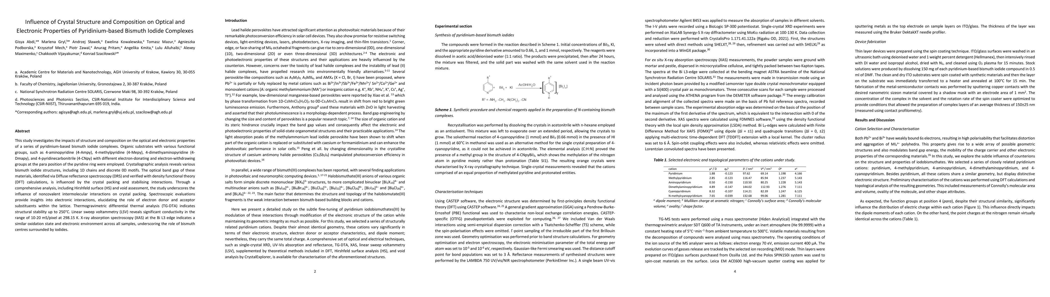 Thumbnail for Influence of Crystal Structure and Composition on Optical and Electronic
  Properties of Pyridinium-based Bismuth Iodide Complexes