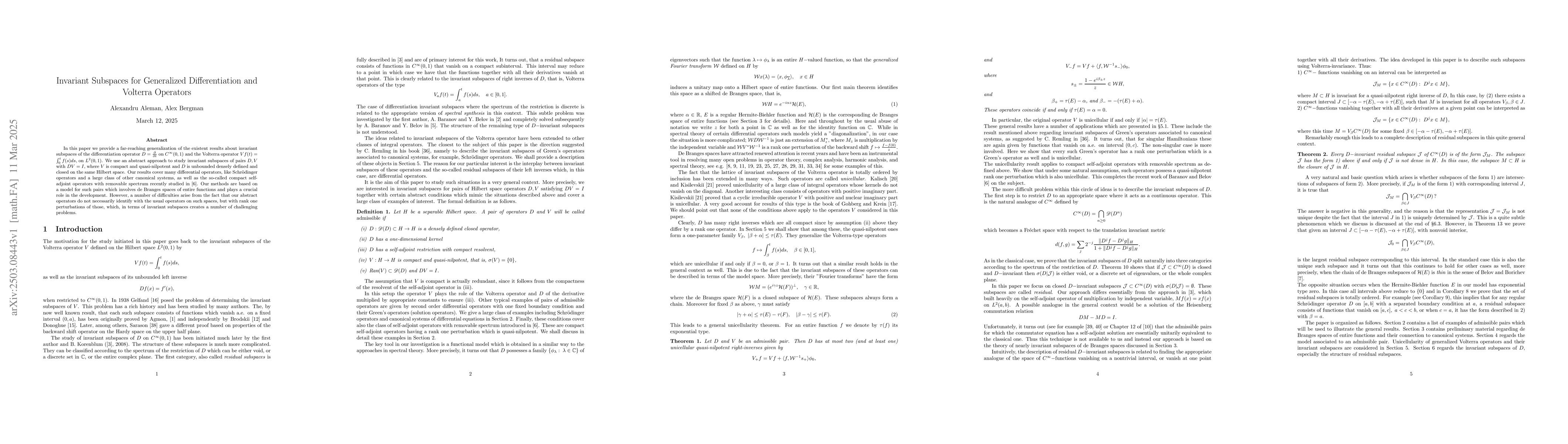 Thumbnail for Invariant Subspaces for Generalized Differentiation and Volterra
  Operators