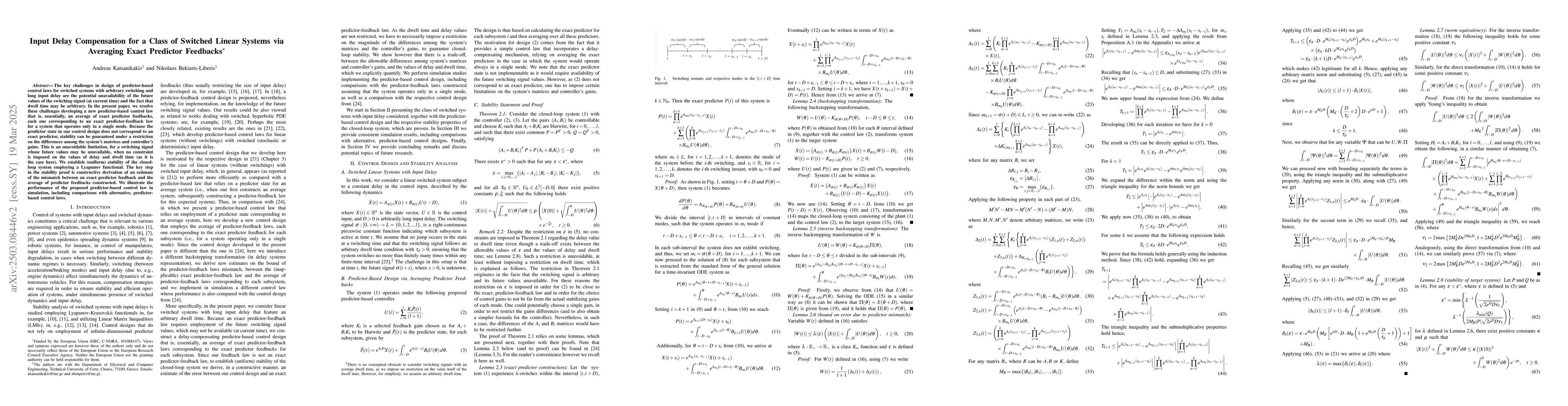 Thumbnail for Input Delay Compensation for a Class of Switched Linear Systems via
  Averaging Exact Predictor Feedbacks