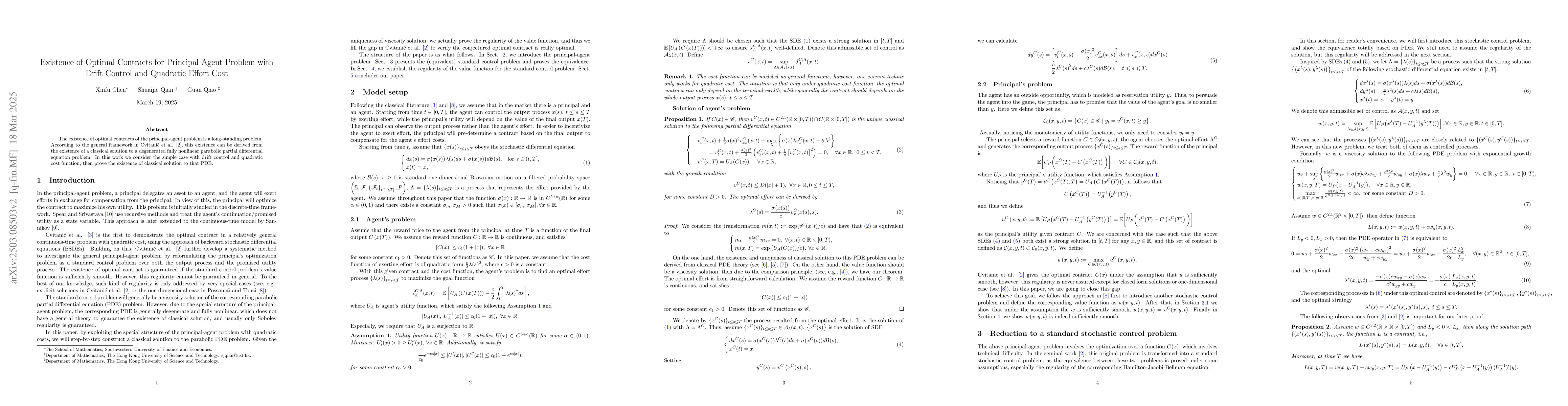 Thumbnail for Existence of Optimal Contracts for Principal-Agent Problem with Drift
  Control and Quadratic Effort Cost