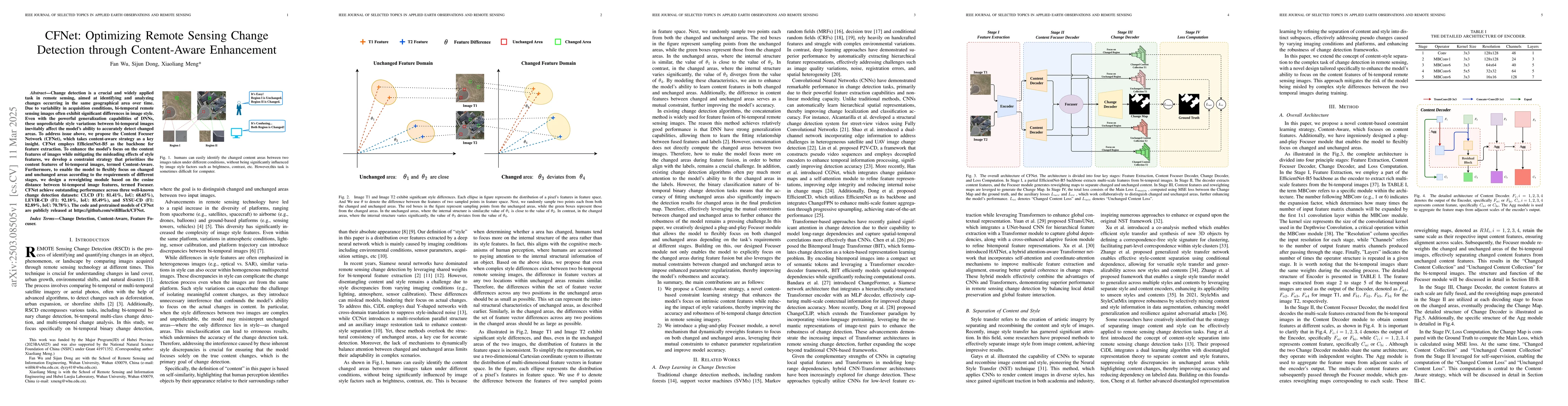 Thumbnail for CFNet: Optimizing Remote Sensing Change Detection through Content-Aware
  Enhancement