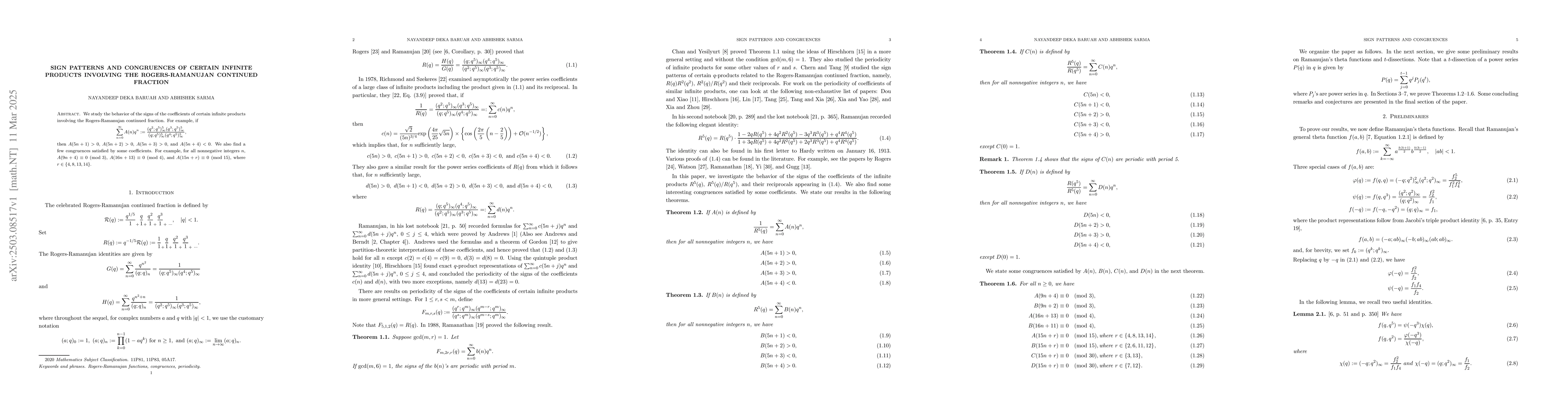 Thumbnail for Sign Patterns and Congruences of certain infinite products involving the
  Rogers-Ramanujan continued fraction