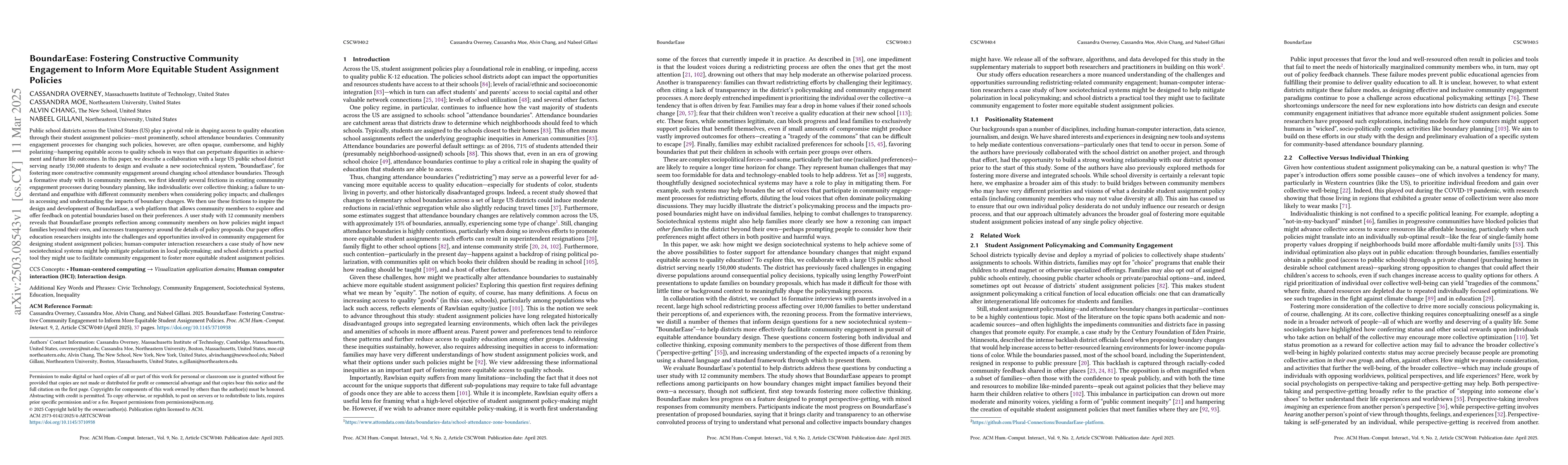 Thumbnail for BoundarEase: Fostering Constructive Community Engagement to Inform More
  Equitable Student Assignment Policies
