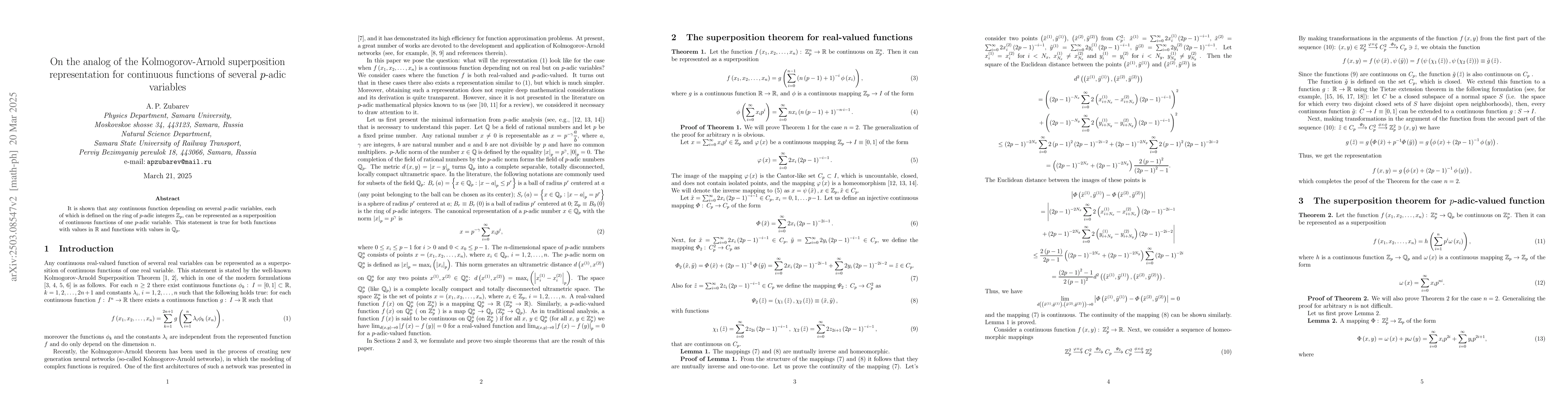 Thumbnail for On the analog of the Kolmogorov-Arnold superposition representation for
  continuous functions of several $p$-adic variables